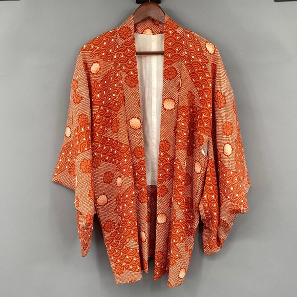 Vintage 60s 70s Orange Floral True Kimono Jacket Textured Hippie Psychedelic - Picture 3 of 14